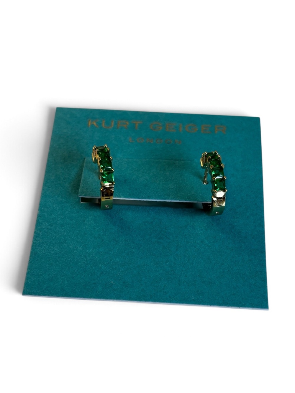 Elegant Kurt Geiger Emerald Green Square Cut Crystal Hoop Earrings.